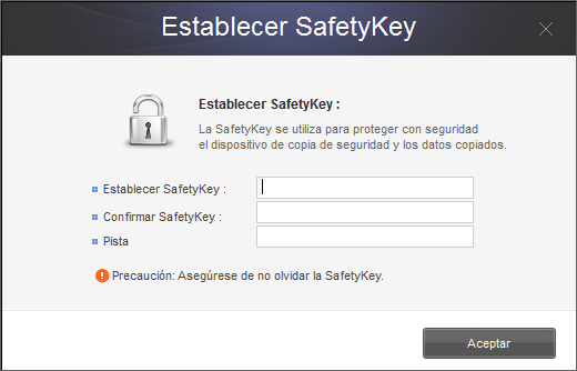 Capítulo 1 Empezar a usar Samsung Drive Manager Configuración de la clave SafetyKey SafetyKey es una clave cifrada para proteger los datos copiados. Esta clave se utiliza en "Copia seg.