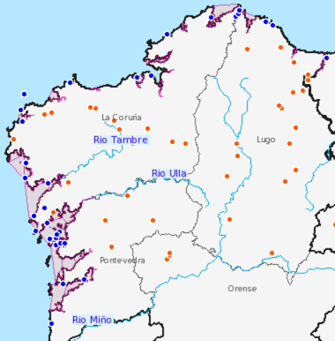 Pontevedra aunque, en realidad, la tónica general es la de una dispersión por toda la costa de la comunidad gallega. Gráfico 11.- Ubicación de las instalaciones acuícolas de Galicia.