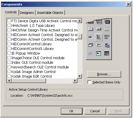 Figura 2.4.2.1 Controles ActiveX instalados en VB 6.0 Se debe hacer click derecho en un punto vacío y elegir Components.
