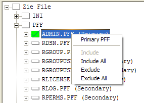 Figure 23 En el nodo PFF el menú tiene las siguientes opciones: Figura 24 Las opciones Include All y Exclude All permiten incluir o excluir todos los archivos bajo el nodo PFF.