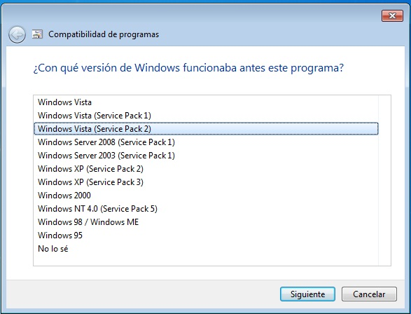 Escogemos la opción de Windows en que el programa funcionaba anteriormente.