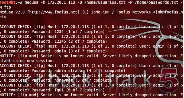 122 De igual manera, se lleva a cabo la simulación de un ataque de fuerza bruta para romper la contraseña del servidor de transferencia de archivos FTP levantado en el Honeypot 2 (172.20.1.113).