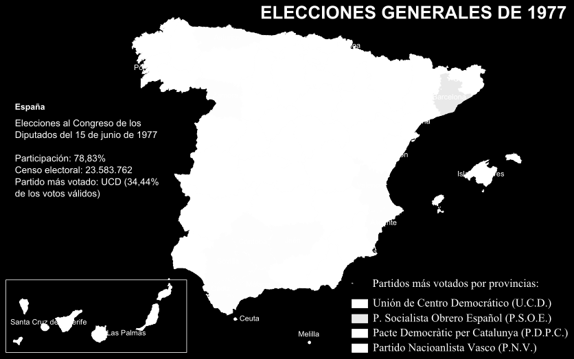 Resultados de las elecciones generales de 1977 con el triunfo de UCD de Adolfo Suárez.