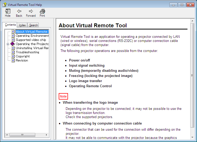 8. Soporte del usuario Cerrar Virtual Remote Tool 1 Haga clic en el icono Virtual Remote Tool en la Barra de herramientas. Aparecerá el menú emergente. 2 Haga clic en Exit.