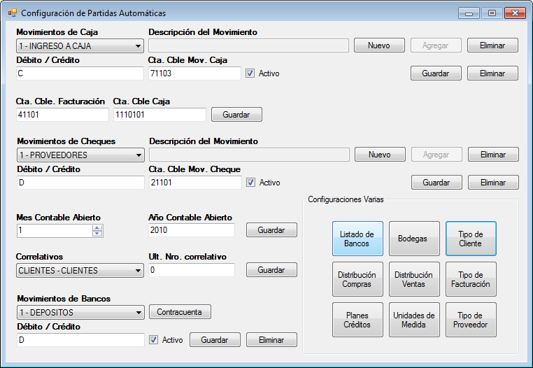 Sub módulo de Configuración de Partidas Automáticas: Desde ésta opción se pueden parametrizar los movimientos de caja ingresos, caja egresos, correlativos y otras configuraciones varias, ésta opción