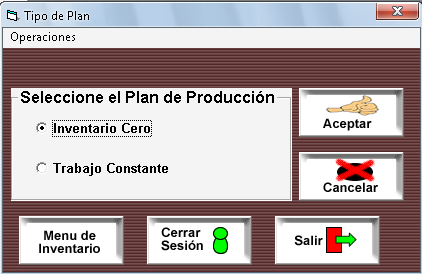 144 Volviendo a la pantalla principal también se puede seleccionar los planes de producción como se muestra a continuación, se puede seleccionar Inventario cero o Trabajo Constante al seleccionar