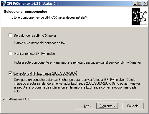 Si ha instalado GFI FAXmaker en Microsoft Exchange Server 2000/2003/2007/2010, diríjase al capítulo Instalación de clientes.