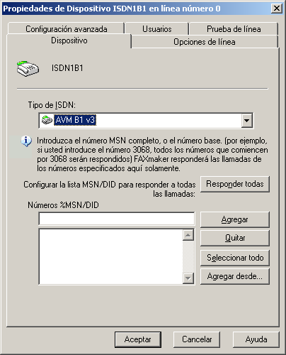 Captura de pantalla 32: Configuración de Líneas/Dispositivos de GFI FAXmaker: adición de ISDN1B1 a la configuración. 4. Seleccione la tarjeta ISDN que esté utilizando en la lista de tipos de ISDN. 5.