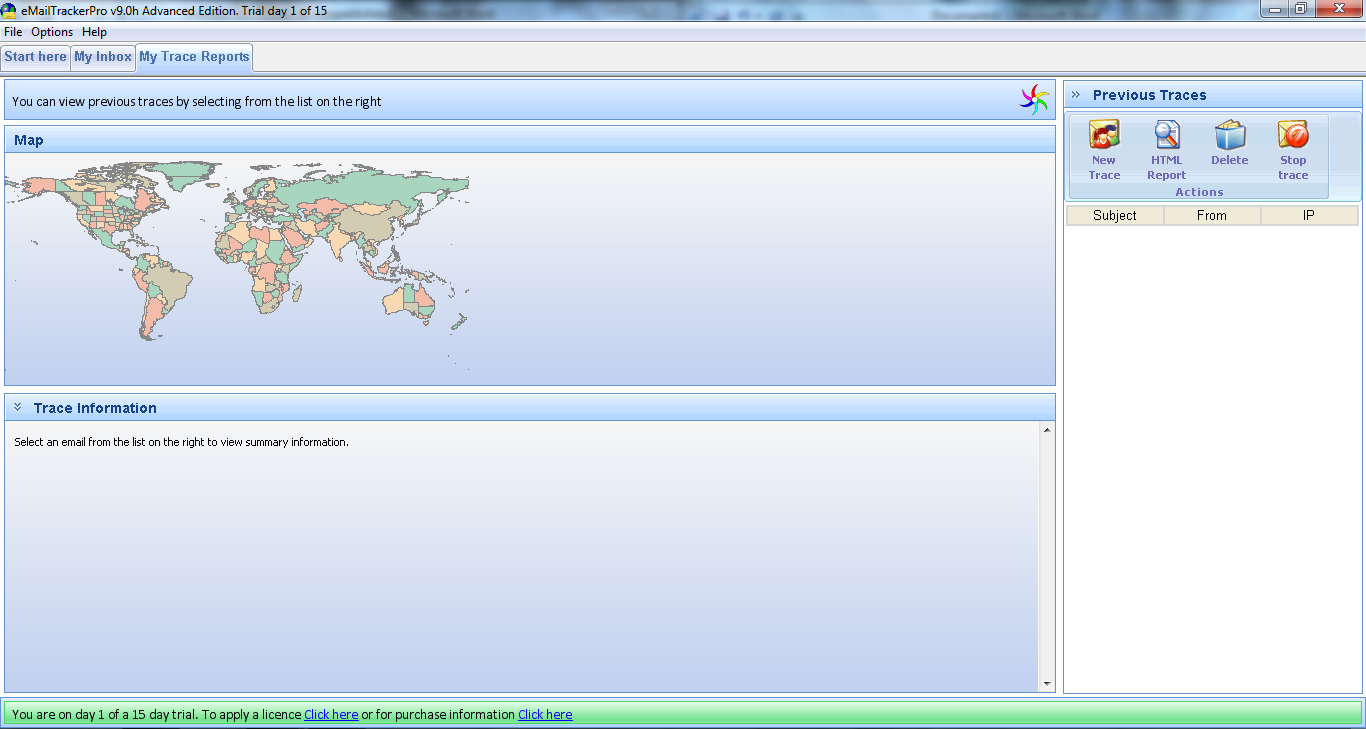 1 3 4 5 6 7 2 Figura 8, Fuente: Programa En la pestaña Mis informes de seguimiento-my trace reports funciona como una base de datos de todos los rastros avanzados realizados en emailtrackerpro. 4.1.3.1 Mapa del Mundo.