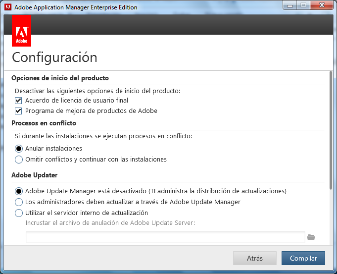 Uso de Adobe Application Manager 3.1 para la implementación en empresas de Creative Suite 6 Creación de un paquete de CS6 Installation 20 12. Seleccione las opciones de configuración.