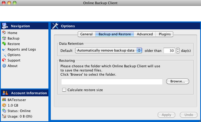 5.5.2 Backup y restauración En la pestaña Backup y restauración, usted puede configurar opciones que son específicas para almacenar y restaurar con el Online Backup Client: Imagen 29: Directorio de