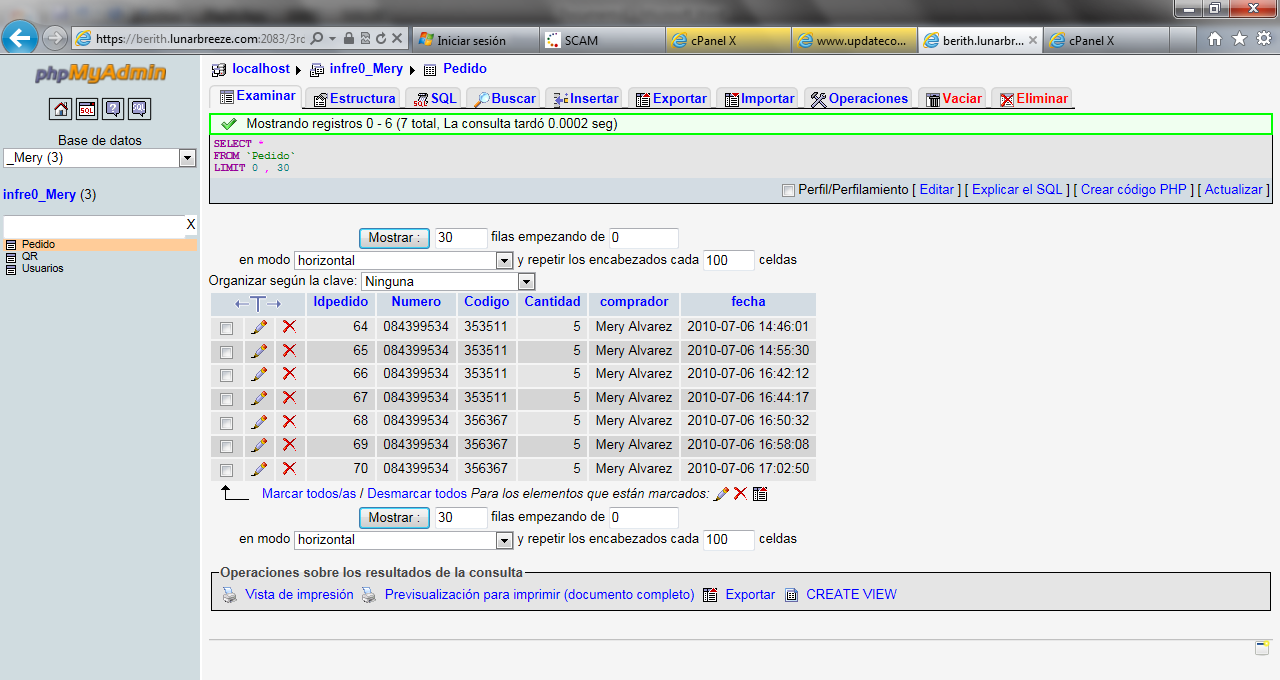 60 Figura 3-11 Base de Datos MySQL con las tablas pedido, QR y Usuario En la tabla Pedido, se encuentra almacenada la información de los pedidos