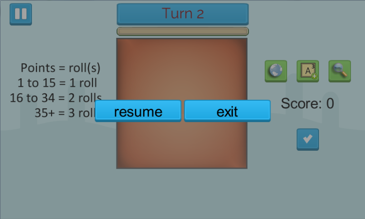 Figura 5.10: Pantalla de juego: Formación de palabras en pausa Tal como mencionamos anteriormente, pausando el juego se abre este pequeño menú con dos opciones: resume y exit.