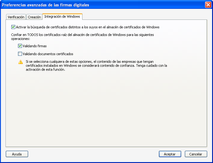 En la pestaña integración de Windows elegir las siguientes opciones: Activar: Activar la búsqueda de certificados distintos a los