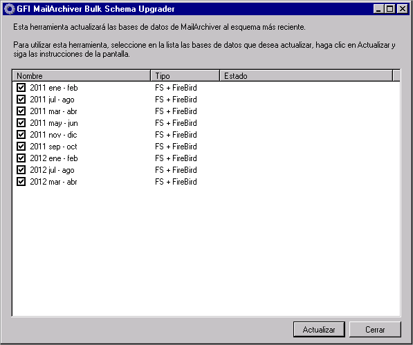 Captura de pantalla 78: El Actualizador de esquemas en masa 2. Seleccione las bases de datos que desea actualizar y haga clic en Actualizar.