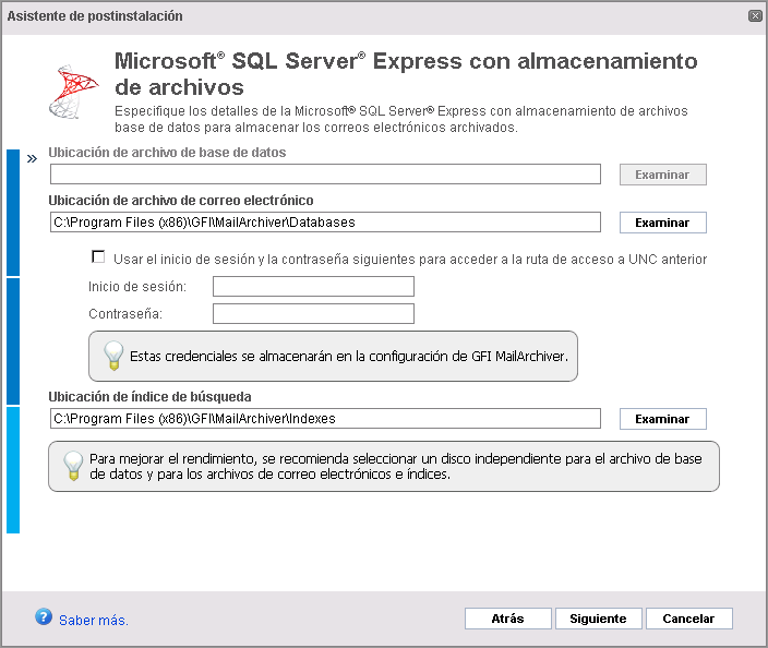 Captura de pantalla 21: Creación de Almacén de archivo: seleccionar ubicaciones 8. Proporcione las ubicaciones requeridas de los archivos para el tipo de servidor SQL Server seleccionado.