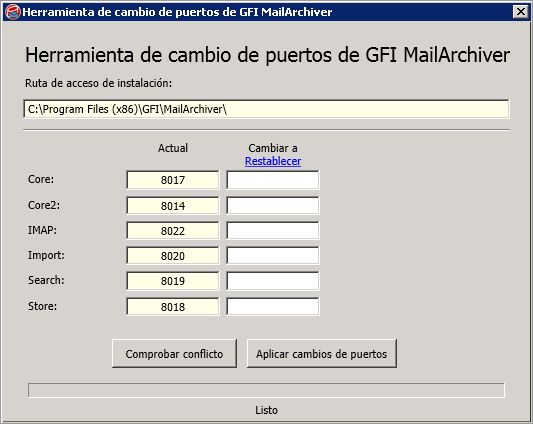 Captura de pantalla 26: Interfaz de usuario de la herramienta para cambiar puertos Para utilizar la herramienta para cambiar puertos: 1.