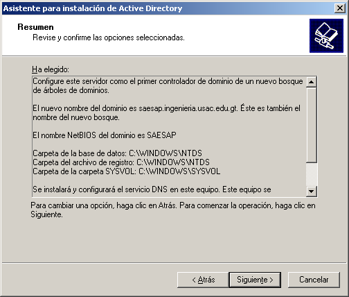 Se muestra un resumen de la configuración de nuestro Active Directory antes de proceder a instalar. Figura 22.