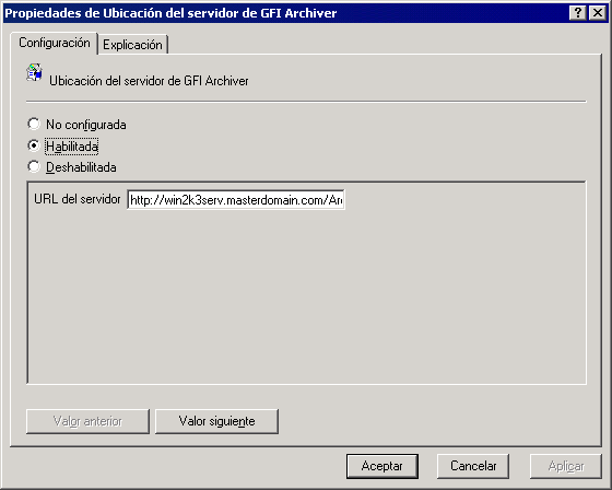 Captura de pantalla 87: Cómo configurar la dirección URL del servidor de GFI Archiver en el GPO de Windows Server 2003 14.