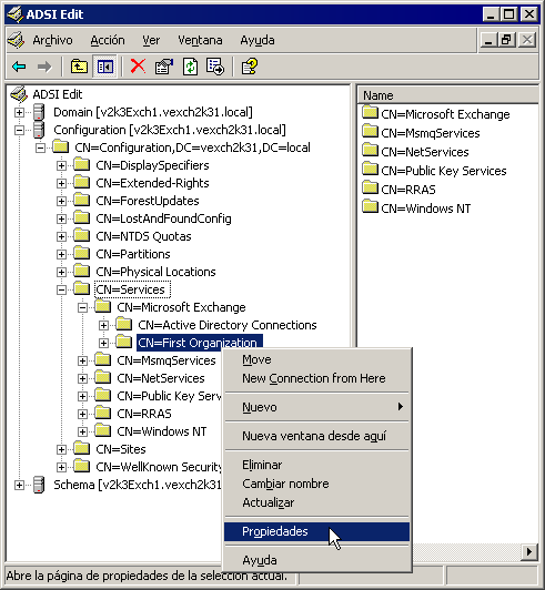 Captura de pantalla 6: Edición de ADSI 3. Expanda el nodo ADSI Edit > Configuration > <CN=Configuration> > <CN=Services> > <CN=Microsoft Exchange>. 4.