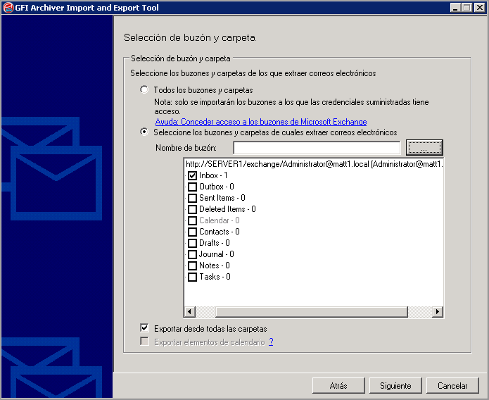 Captura de pantalla 91: Importar desde Microsoft Exchange: selección de buzón y carpeta 6.