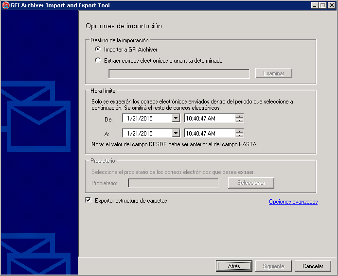 Captura de pantalla 94: Importar desde Microsoft Exchange: configurar las opciones de importación 5.