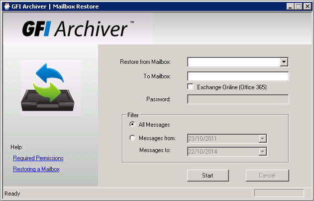 10 Restauración de buzones La herramienta Mailbox Restore le permite restaurar mensajes de correo electrónico archivados en Almacenes de archivo de GFI Archiver en un buzón de Microsoft Exchange