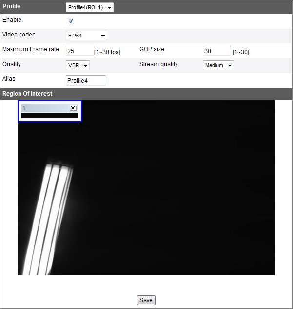 > > Video codec: seleccione el modo de vídeo (Códec) de la lista desplegable. El usuario puede elegir entre MJPEG, H.264 y H.264_HIGH. > > Maximum frame rate: defina la frecuencia de imagen.
