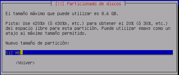 Capítulo 2. Instalación del servidor Dispositivo/partición Punto Montaje Tamaño Sistema de archivos (sda/hda)1 /boot 512 MB ext3 (sda/hda)5 swap 512 MB (= tamaño mem.