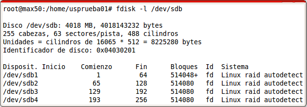 Fig 138: Instrucción "fdisk -l /dev/sdb" fdisk muestra el flag o la marca de raid como Linux raid autodetect en la columna Sistema y con fd en la