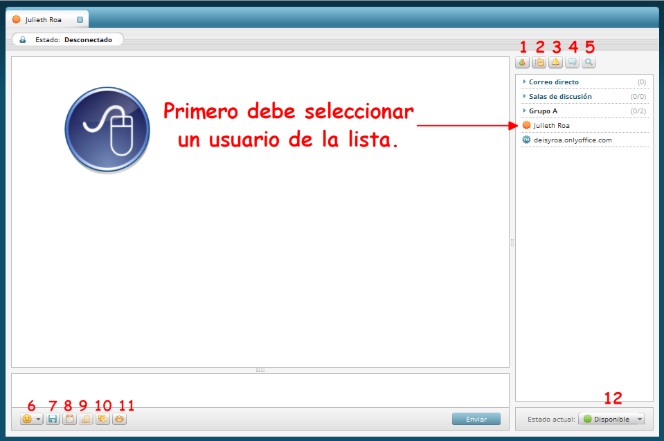 Software de Gestión de proyectos 2014-II Chat Con base a la ilustración de Interfaz, para ingresar al módulo del chat debe hacer clic en el icono del numeral 6, a continuación se abre una nueva
