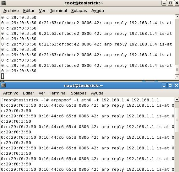 126 Para probar la herramienta se configurará un router con la dirección 192.168.1.1, la víctima 192.168.1.4 y el atacante 192.168.1.6. Luego de esto se procede a ejecutar el primer comando necesario