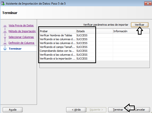 Figura 58: Carga de Datos SQL Developer paso 5. Finalmente verificamos el proceso de carga y si todo sale satisfactoriamente clic en terminar.