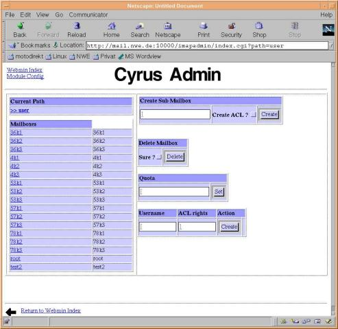 6.4. webmin Imagen 33. webmin: Administración Cyrus IMAP Esta imagen muestra el aspecto de un configurador de webmin, concretamente de un plugin para el servidor de correo Cyrus IMAP.