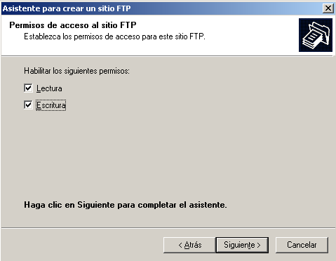 7- Establece los permisos de acceso al sitio FTP, selecciona