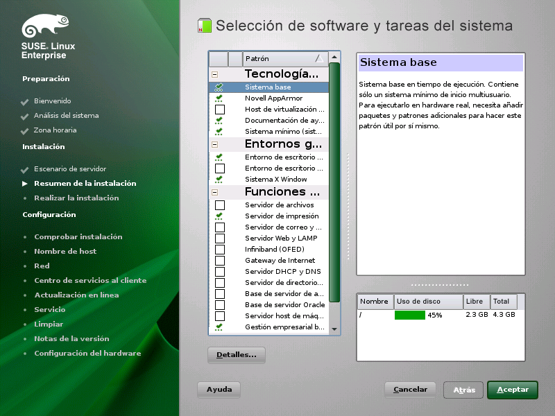 Figura 6.8 Selección de software y tareas del sistema NOTA: escritorio por defecto El escritorio por defecto de SUSE Linux Enterprise Server es GNOME.