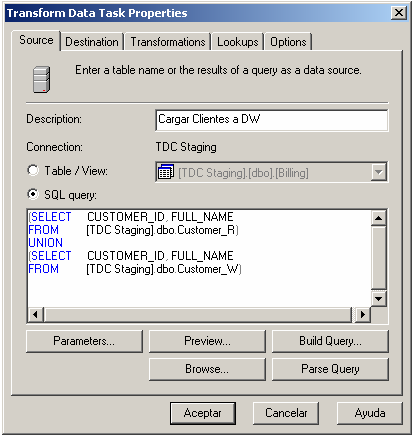 Transformación TDC Staging a TDC DW: En DTS Package Designer Clic en TDC Staging, clic en el botón Transform Data Task (representado en la barra de herramientas superior por una flecha ingresando a