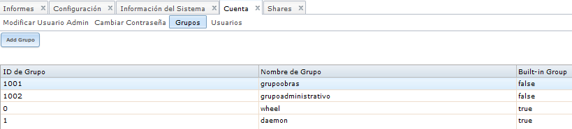 4.6.3. Grupo y usuarios En el menú Grupos se selecciona la opción Añadir Grupo el cual permite crear los grupos: grupoobras y grupoadministrativo como lo indica la siguiente figura.