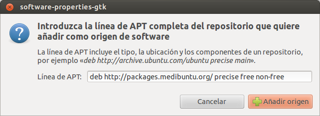 11. Ahora activa la pestaña Otro software y presione el botón Añadir. 12. Digita deb http://packages.medibuntu.org/ precise free non-free en la línea de APT.