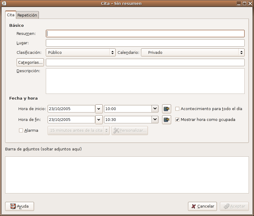 Ubuntu GNU/Linux En el panel lateral izquierdo tendremos un listado nuestros calendarios, a priori por fecto aparece Privado.