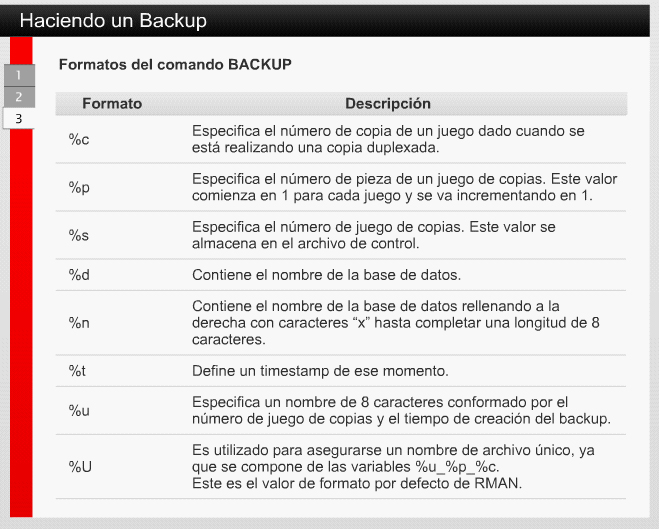 5.2 Backup con RMAN 5.2.5 Haciendo un Backup El comando BACKUP contiene múltiples opciones que se pueden especificar.