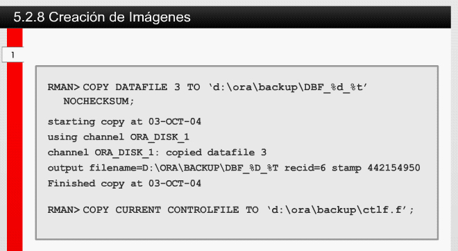 5.2 Backup con RMAN 5.2.8 Creación de Imágenes Para realizar un backup a través de una copia imagen, es necesario invocar el comando de RMAN COPY.