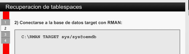 5.3 Recuperación Completa con RMAN 5.3.6 Recuperación de Tablespaces Es posible recuperar tablespaces que contienen uno ó más de un archivo de datos dañado.