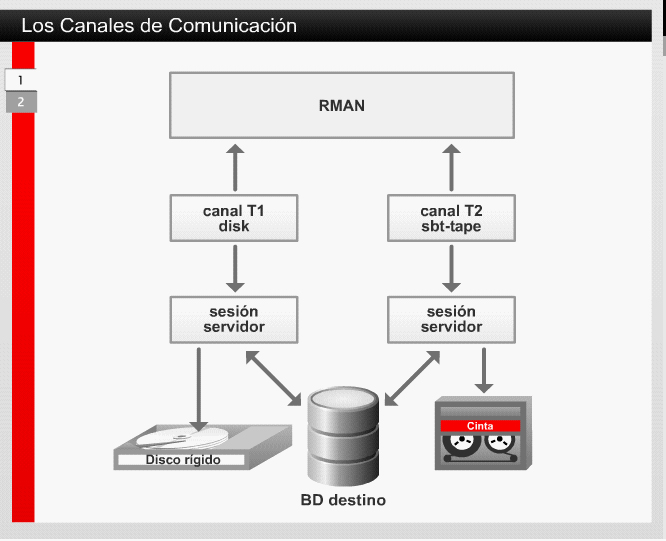 5.1 Oracle Recovery Manager (RMAN) 5.1.5 Los Canales de Comunicación La asignación de un canal es un método que se utiliza en RMAN para conectarlo con una base de datos a resguardar ó base de datos target.