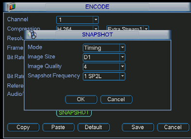 En la interfaz de Codificar, pulse el botón de Captura para establecer el modo, tamaño, calidad y frecuencia de la captura. En la interfaz de General, puede introducir el intervalo de la captura.