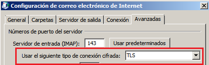SSL. 1.2.3 CONEXIÓN IMAP SEGURO (TLS) Para la conexión IMAP por TLS, la configuración es la misma excepto el último paso.