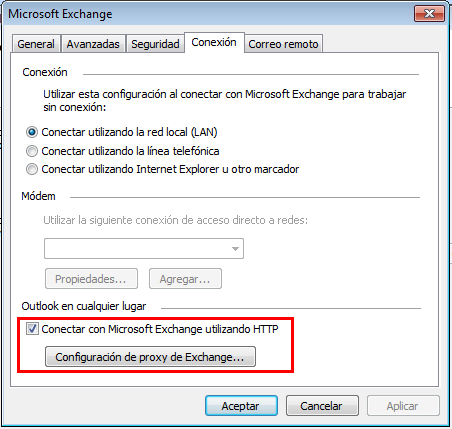 En la pestaña Conexión seleccionamos Conectar con Microsoft Exchange utilizando HTTP y pulsamos Configuración de proxy de Exchange : Configuramos las opciones siguientes: En servidor proxy indicamos: