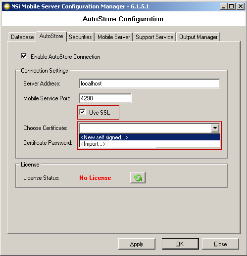 CONFIGURACIÓN DE SSL para NSi MOBILE figura 43. Configuración de AutoStore 3. Seleccione la casilla de verificación Use SSL (Utilizar SSL). 4. En el cuadro Choose Certificate (Elegir certificado), seleccione New self signed (Nuevo autofirmado).