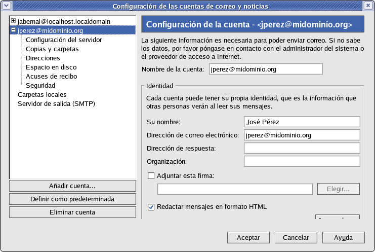 Thales-CICA 2004 Agentes de usuario: Mozilla Mail Página 48 Posteriormente, podremos acceder a los datos de la cuenta para comprobarlos o modificarlos en caso necesario, mediante la Configuración de