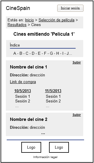 La versión de modo texto para la pantalla de cines mostrará en primer lugar un índice con las letras iniciales de todos ellos.